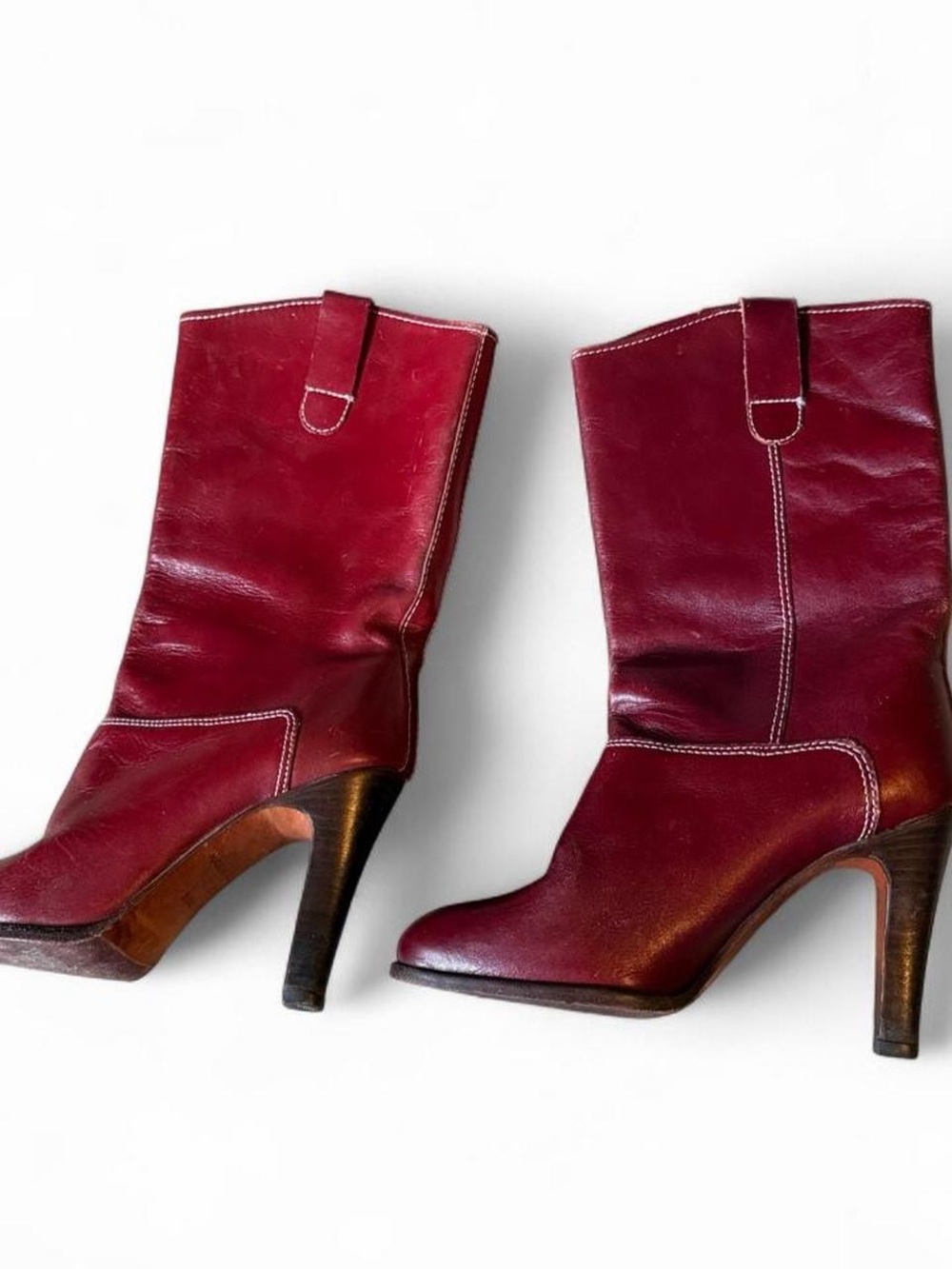 Women's Red Burgundy Leather made in Brazil Mid-Calf Heeled Boots